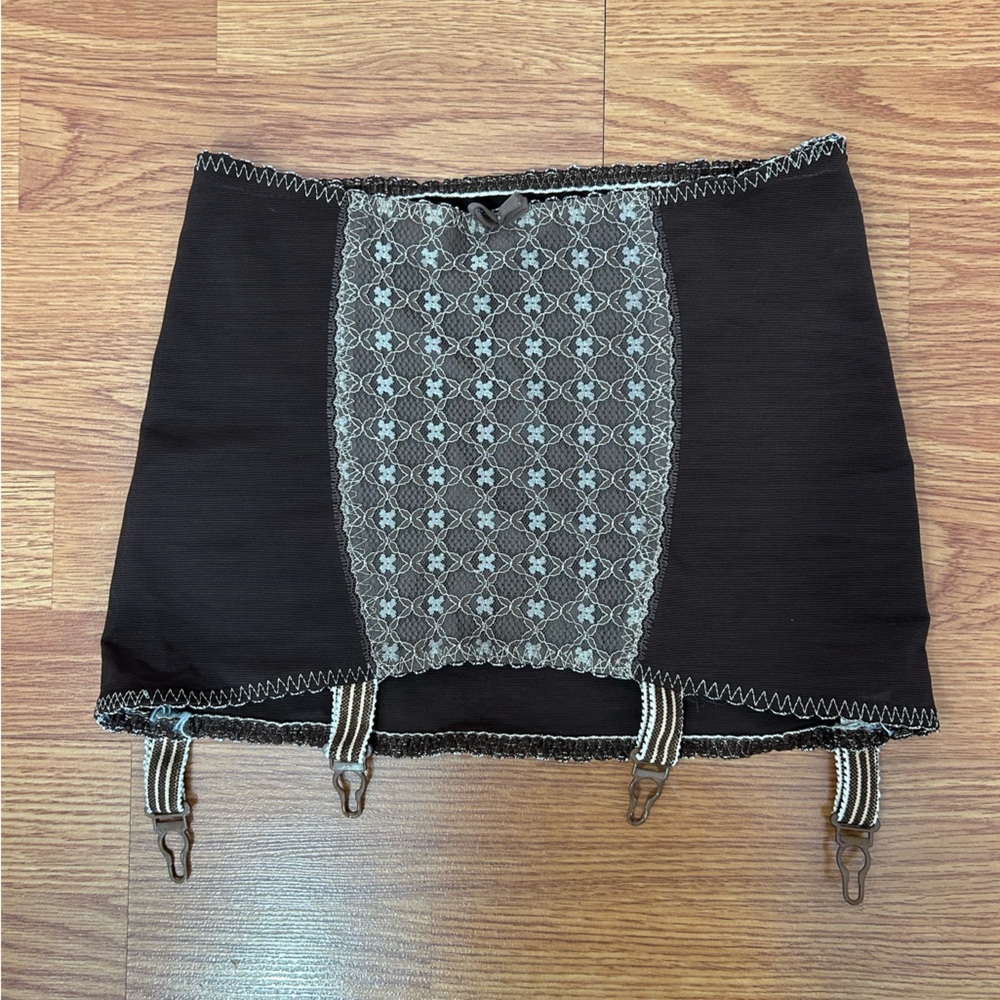 1950’s Vintage Over-dyed Brown Girdle with Lace Front Overlay size Small